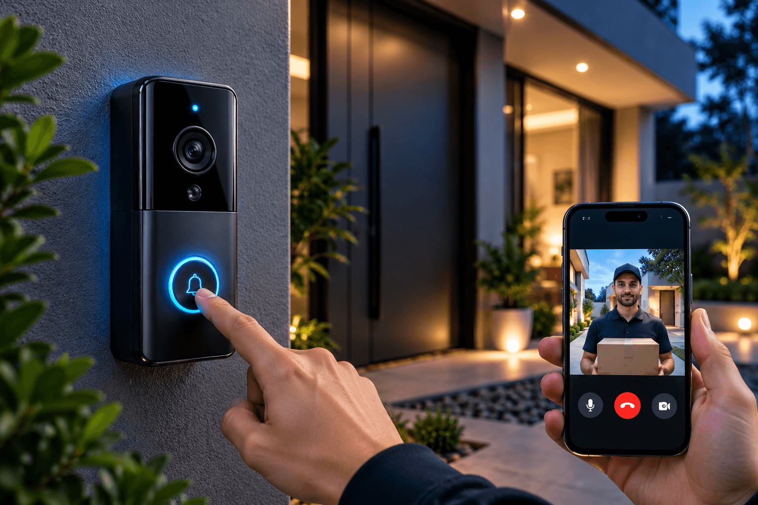 Infiotix smart video door bell with a phone showing a delivery person at the door