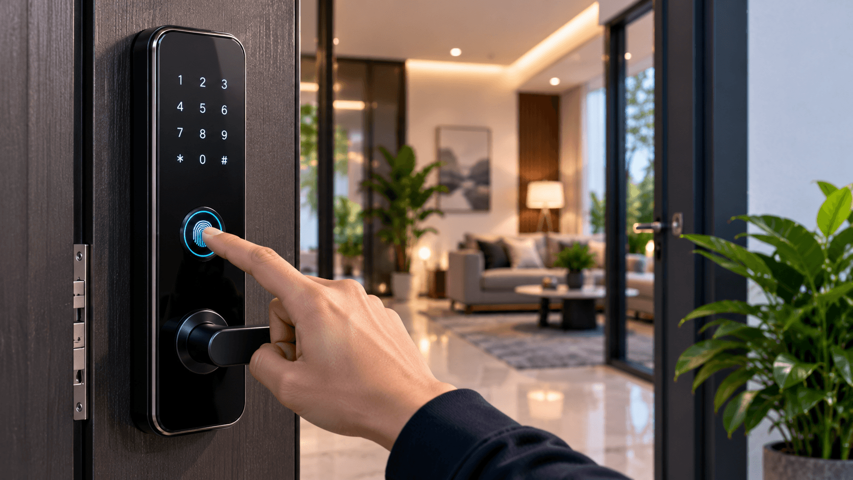 Finger on the fingerprint sensor of an Infiotix smart door lock