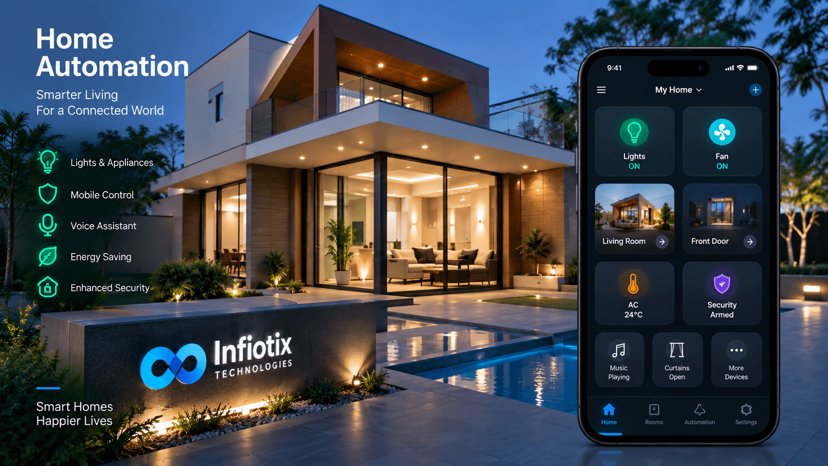 Modern villa with the Infiotix home automation app controlling lights and appliances on a phone