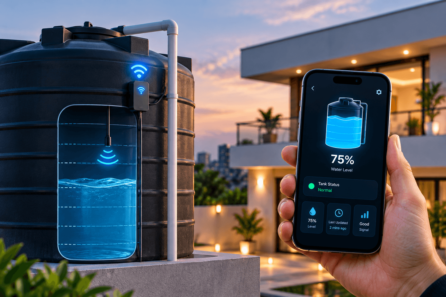 Infiotix water tank level monitor: wireless sensor on a tank and a phone app showing 75% water level