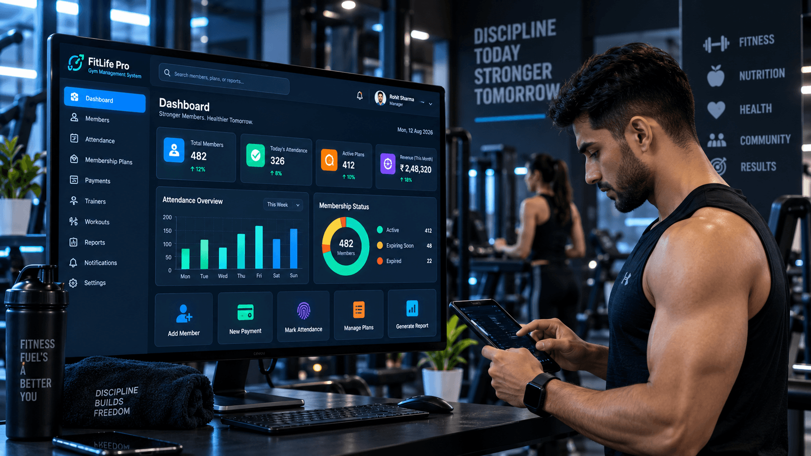 Trainer checking the Infiotix gym management software dashboard on a tablet