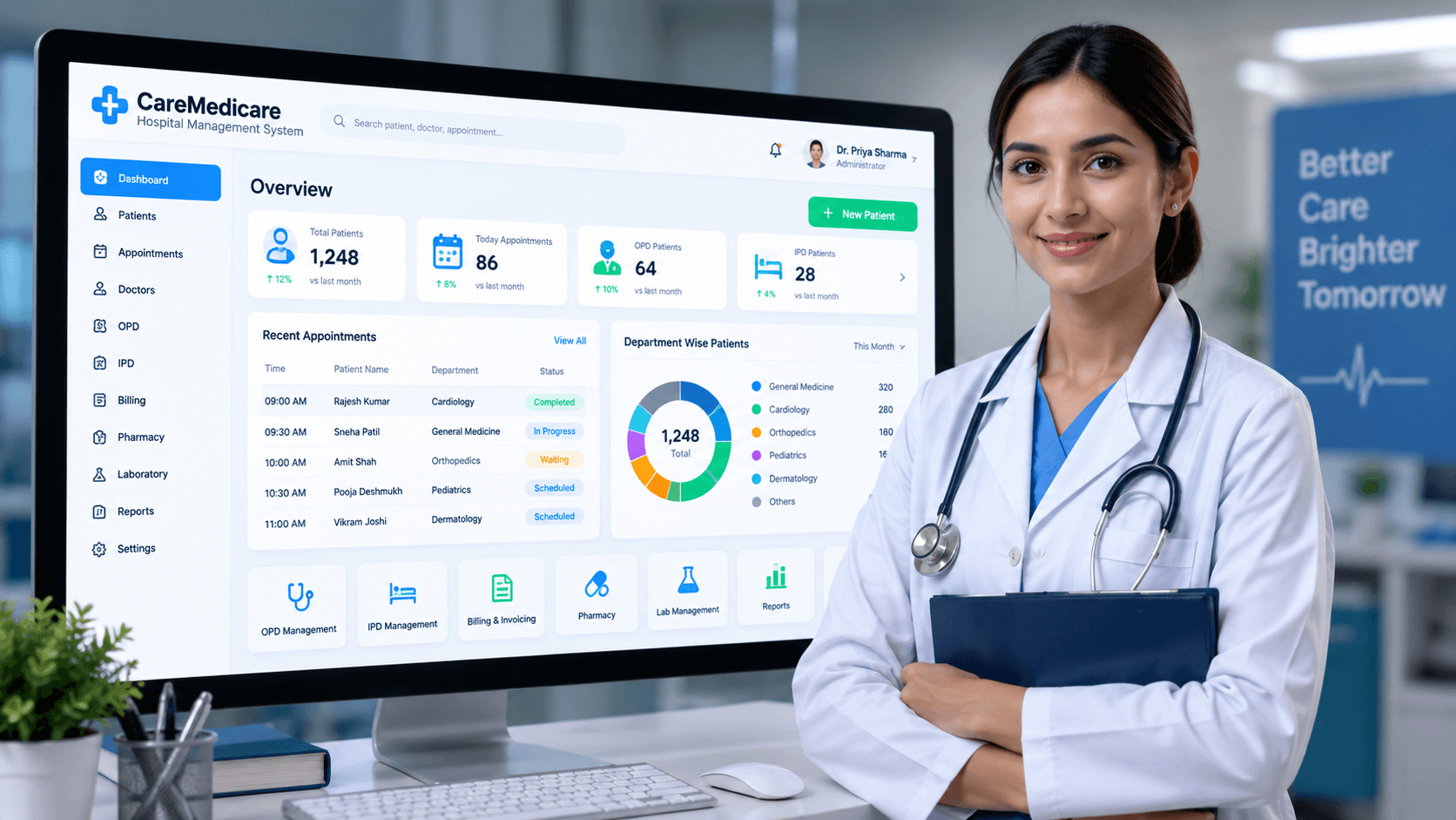 Doctor standing beside the Infiotix hospital management software dashboard