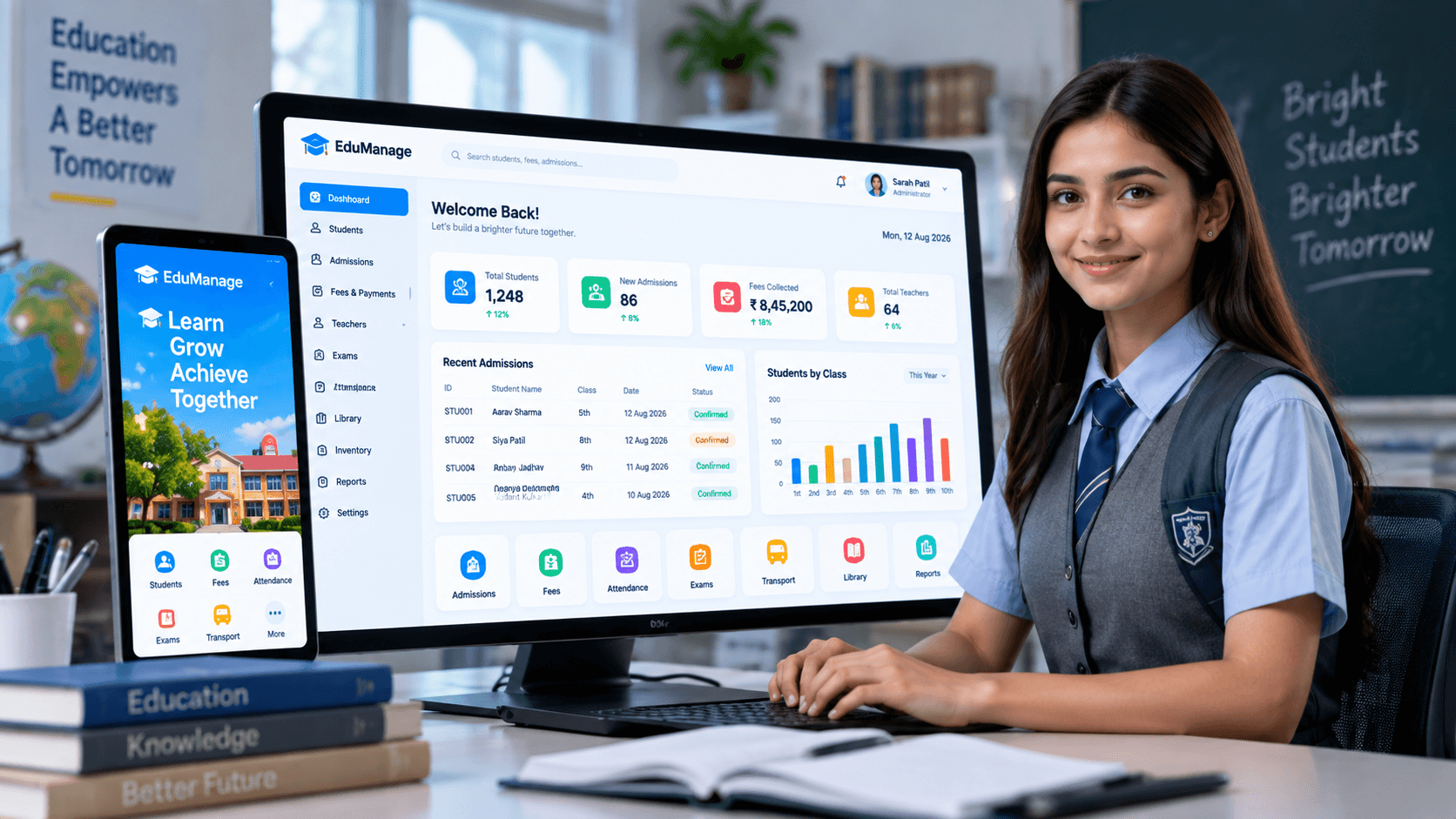 Student using the Infiotix school management software on a desktop and tablet
